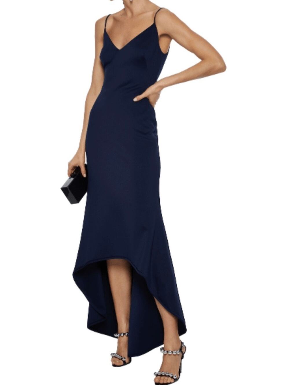 NWT Black Halo Eve Armelle Navy Pacific Blue Neoprene High Low Gown $525 Size 2